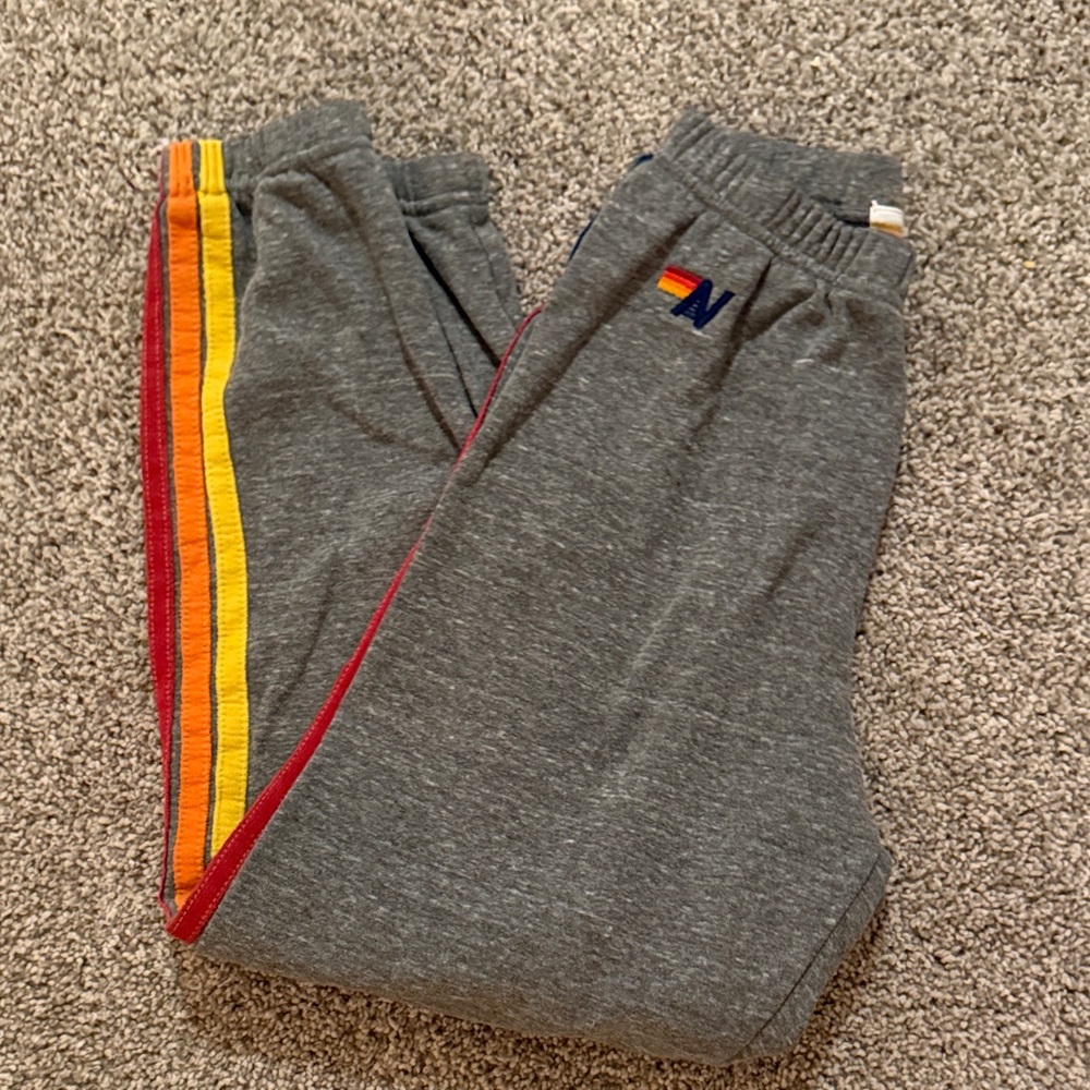 Aviator Nation Kids Gray Sweatpants with Red, Orange & Yellow Side Stripes